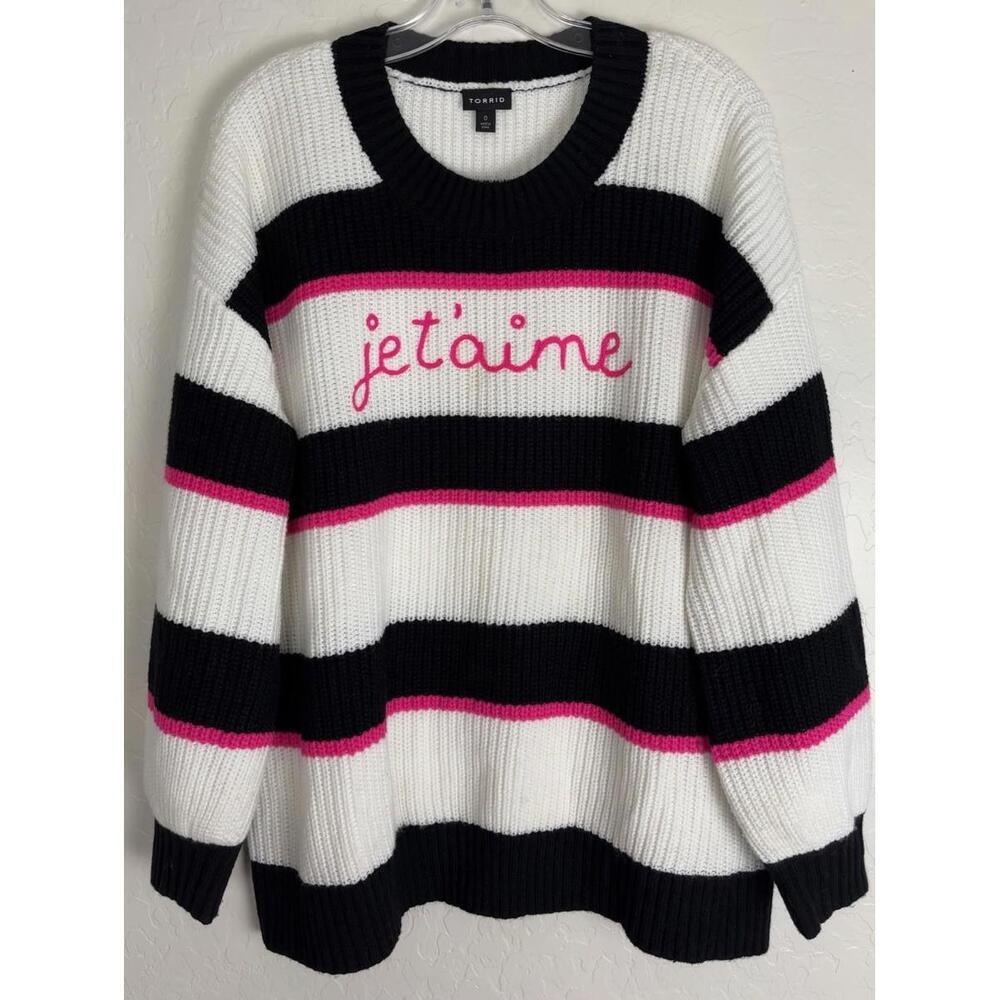 Torrid Black and White Striped Sweater with Pink Accents